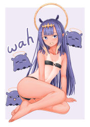 Rule 34 | 1girl, absurdres, andy2465, arm support, bare legs, barefoot, bikini, blue eyes, blunt bangs, blush, breasts, collarbone, commentary, english commentary, english text, fang, feet, full body, highres, hololive, hololive english, leaning to the side, legs, long hair, looking at viewer, micro bikini, navel, ninomae ina&#039;nis, one-piece tan, open mouth, purple hair, shiny skin, sidelocks, sitting, skin fang, small breasts, swimsuit, takodachi (ninomae ina&#039;nis), tan, tanline, thighs, toes, virtual youtuber