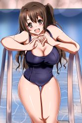 Rule 34 | 10s, 1girl, bare shoulders, blush, breasts, brown eyes, brown hair, caustics, cleavage, curvy, highres, idolmaster, idolmaster cinderella girls, large breasts, long hair, looking at viewer, one-piece swimsuit, open mouth, pool, pool ladder, school swimsuit, shimamura uzuki, side ponytail, smile, solo, standing, swimsuit, thigh gap, tranquilizer (bestcenter), wide hips