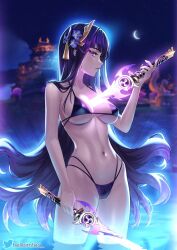 Rule 34 | bikini, blurry, blurry background, breasts, covered erect nipples, crescent moon, drawing sword, electricity, flower, genshin impact, hair flower, hair ornament, helloimtea, highres, holding, holding sword, holding weapon, human scabbard, large breasts, long hair, moon, multi-strapped bikini bottom, navel, night, purple bikini, purple eyes, purple hair, raiden shogun, swimsuit, sword, very long hair, weapon