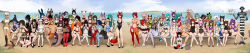 Rule 34 | 1boy, 6+girls, :d, @ @, absurdres, animal ears, bad deviantart id, bad id, beach, bench, bikini, black bikini, black choker, black male swimwear, black sclera, blue eyes, blue hair, blue sky, blush, braid, breasts, cat ears, cat tail, cece (cece vr), character request, choker, cleavage, cleavage cutout, closed eyes, closed mouth, clothing cutout, colored sclera, colored skin, commentary, commission, contrapposto, dark-skinned female, dark skin, day, fang, fins, flat chest, fox ears, fox tail, gradient hair, green bikini, green eyes, green hair, green male swimwear, green shorts, green skin, green swim trunks, grey hair, grey skin, grin, hair bun, hair over eyes, halo, hat, head fins, headpat, heterochromia, high heels, highres, holding, holding tray, horizon, horns, incredibly absurdres, lamia, large breasts, leech queen (matilda fiship), long hair, long image, looking at viewer, male swimwear, matilda fiship, medium breasts, monster girl, multicolored hair, multicolored male swimwear, multiple girls, navel, ocean, old-fashioned swimsuit, one-piece swimsuit, one eye closed, open mouth, orange male swimwear, orange swim trunks, original, pink eyes, pink hair, pink skin, pointy ears, ponytail, print male swimwear, print one-piece swimsuit, print swimsuit, prosthesis, prosthetic leg, purple eyes, red eyes, red skin, robot, sand, sandals, scales, shoes, short shorts, shorts, single hair bun, sitting, sky, sling bikini top, smile, striped, striped male swimwear, sunglasses, swim trunks, swimsuit, tail, tank top, tattoo, tray, triangle cutout, vrchat, white bikini, white eyes, white hair, white male swimwear, wide image, witch hat, wristband, yellow eyes