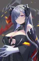 Rule 34 | 1girl, absurdres, august von parseval (azur lane), azur lane, bare shoulders, black cape, black dress, breasts, cape, cleavage cutout, clothing cutout, curled horns, dress, from above, gloves, highres, horns, large breasts, long hair, looking at viewer, mechanical horns, non-humanoid robot, purple eyes, purple hair, robot dragon, solo, takeyonosato, very long hair, white gloves