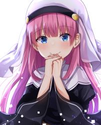 Rule 34 | 1girl, black dress, blue eyes, blunt bangs, blush, character request, closed mouth, commentary request, dress, fang, fang out, habit, highres, kamisama ni natta hi, key (company), long hair, long sleeves, nun, own hands clasped, own hands together, pink hair, see-through, simple background, smile, solo, traditional nun, upper body, white background, wide sleeves, yuteke key