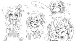 Rule 34 | 1girl, ?, ascot, bad id, bad pixiv id, bespectacled, blush, clothes lift, collarbone, dress, dress lift, embodiment of scarlet devil, fang, female focus, glasses, greyscale, monochrome, navel, off shoulder, ogami kazuki, open mouth, ribbon, rumia, saliva, sketch, solo, touhou
