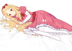 Rule 34 | 10s, 1girl, arm up, bed sheet, blonde hair, blue gemstone, blush, bow, bowtie, brooch, brown eyes, closed mouth, collarbone, commentary request, dress, drill hair, eromanga sensei, feet, frilled dress, frills, full body, gem, hair bow, hairband, highres, jewelry, layered sleeves, lolita fashion, long hair, long sleeves, looking at viewer, lying, no shoes, on side, pantyhose, pink dress, puffy short sleeves, puffy sleeves, red bow, red bowtie, red hairband, short over long sleeves, short sleeves, simple background, smile, solo, tareme, very long hair, wavy hair, white background, white pantyhose, wujia xiaozi, yamada elf