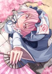 Rule 34 | 1girl, barefoot, blue dress, blue headwear, breasts, cherry blossoms, dress, feet, from above, highres, looking at viewer, looking up, mahoro (minase mahoro), medium breasts, pink eyes, pink hair, pink nails, saigyouji yuyuko, smile, solo, touhou