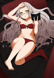 Rule 34 | 1girl, barefoot, book, bra, breasts, chemical-x, glasses, highres, lingerie, long hair, lying, navel, on back, open book, panties, reading, red bra, red panties, silver hair, single sock, small breasts, socks, solo, underwear, underwear only, yellow eyes