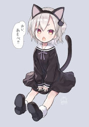 Rule 34 | 1girl, animal ears, black dress, black footwear, capriccio, cat ears, cat hair ornament, cat tail, chestnut mouth, commentary request, dated, dress, fake animal ears, full body, grey background, hair ornament, kaburi chiko, long sleeves, looking at viewer, one side up, open mouth, original, puffy long sleeves, puffy sleeves, red eyes, sailor collar, shoe soles, shoes, short eyebrows, signature, silver hair, simple background, sitting, sleeves past wrists, socks, solo, tail, tail raised, thick eyebrows, translated, white sailor collar, white socks