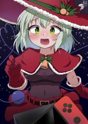 Rule 34 | 1girl, :d, absurdres, alternate costume, bell, capelet, covered navel, dress, green eyes, green hair, hat, heart, heart of string, highres, komeiji koishi, looking at viewer, medium hair, nintendo switch, open mouth, polyhedron2, santa dress, smile, solo, third eye, touhou, upper body