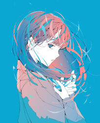 Rule 34 | 1girl, absurdres, blue background, blue eyes, blue hair, colored skin, floating hair, from side, gradient hair, grey shirt, hair behind ear, highres, long bangs, long hair, long sleeves, looking at viewer, multicolored hair, no pupils, nocopyrightgirl, original, own hands together, parted lips, profile, red hair, shirt, simple background, solo, white skin