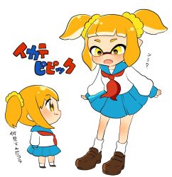 Rule 34 | 1girl, :3, blouse, blue skirt, blunt bangs, blush, brown footwear, chibi, commentary request, crossover, fang, fusion, hair ornament, hair scrunchie, highres, inkling, inkling girl, inkling player character, leaning forward, loafers, long sleeves, looking at another, mask, miniskirt, neckerchief, nintendo, open mouth, orange hair, parody, pleated skirt, pointy ears, poptepipic, popuko, red neckerchief, riku (ururi7610), school uniform, scrunchie, serafuku, shirt, shoes, short twintails, simple background, skirt, socks, standing, tentacle hair, title parody, translated, twintails, white background, white legwear, white shirt, woomy, yellow eyes, yellow scrunchie