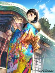 Rule 34 | 00s, 1girl, architecture, bell, black hair, blue eyes, blue sky, blunt bangs, building, cloud, colorful, company name, day, east asian architecture, floral print, from behind, from below, fur trim, fuzichoco, glasses, hair over shoulder, hair tubes, japanese clothes, kimono, kouhaku nawa, light particles, long hair, looking at viewer, looking back, mischlitt, obi, ofuda, omikuji, outdoors, ponytail, purple eyes, rope, sash, scarf, sega, senjou no valkyria, senjou no valkyria (series), senjou no valkyria 2, shimenawa, shrine, shrine bell, sky, smile, solo, standing, sunlight, tree, watermark, wide sleeves