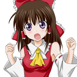 Rule 34 | 1girl, :o, ascot, blush, brown hair, clenched hands, detached sleeves, female focus, hakurei reimu, japanese clothes, long hair, miko, open mouth, purple eyes, simple background, solo, takumi (rozen garten), touhou, upper body, wide-eyed, yellow ascot