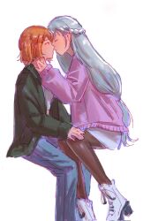 Rule 34 | 2girls, black jacket, black pantyhose, braid, closed eyes, commentary, contemporary, cropped shirt, denim, english commentary, french braid, grey hair, hand on another&#039;s neck, highres, imminent kiss, jacket, jeans, kanne (sousou no frieren), lawine (sousou no frieren), long hair, looking at another, multiple girls, noses touching, open clothes, open jacket, orange hair, pants, pantyhose, parted lips, purple jacket, sayasumi, shirt, short hair, simple background, sitting, skirt, sousou no frieren, two side up, white background, white footwear, white shirt, white skirt, yuri