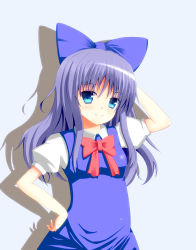 Rule 34 | 1girl, alternate hair length, alternate hairstyle, bad id, bad pixiv id, blue background, blue eyes, blue hair, blush, bow, cirno, dress, hair bow, hand on own head, hand on own hip, highres, long hair, looking at viewer, matching hair/eyes, negishio, puffy short sleeves, puffy sleeves, ribbon, shadow, short sleeves, simple background, smile, solo, touhou