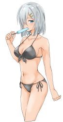 Rule 34 | 1girl, absurdres, bikini, black bikini, blue eyes, breasts, commentary request, cowboy shot, food, front-tie top, hair ornament, hair over one eye, hairclip, halterneck, hamakaze (kancolle), highres, kantai collection, looking at viewer, maonatten, medium breasts, popsicle, short hair, side-tie bikini bottom, silver hair, simple background, solo, standing, string bikini, swimsuit, white background