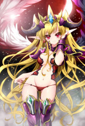 Rule 34 | 1girl, armor, blonde hair, breasts, cleavage, demon girl, feathered wings, horns, large breasts, lilith (p&amp;d), long hair, midriff, myutsusama, nail polish, navel, panties, panty pull, pauldrons, pointy ears, puzzle &amp; dragons, red eyes, shoulder armor, smile, solo, tiara, underwear, wings