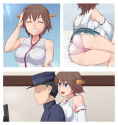 Rule 34 | 1boy, 1girl, admiral (kancolle), bare shoulders, blue eyes, breasts, brown hair, flipped hair, green skirt, grin, hairband, hiei (kancolle), hose, kantai collection, medium breasts, monitor, nikku (nzaf5832), nontraditional miko, open mouth, panties, pink panties, plaid, see-through, shirt, short hair, skirt, smile, underwear, water, wet, wet clothes, wet shirt