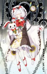 Rule 34 | #compass, 1girl, animal ear fluff, animal ears, animal hands, bell, black dress, bow, cat ears, cat girl, cat tail, chain, colored eyelashes, commentary, coquelicot blanche, dress, frilled dress, frilled sleeves, frills, full body, gears, gloves, grey eyes, hair bow, hair intakes, highres, holding, holding stuffed toy, jingle bell, leafwow, long sleeves, looking at viewer, pantyhose, paw gloves, pocket watch, red bow, red footwear, roman numeral, shoes, sleeves past wrists, solo, stuffed animal, stuffed rabbit, stuffed toy, symbol-only commentary, tail, tail bow, tail ornament, translation request, watch, white gloves, white hair, white pantyhose, wide sleeves