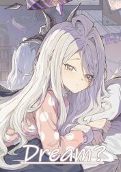 Rule 34 | 1girl, ahoge, black horns, blue archive, blush, closed mouth, demon horns, grey hair, highres, hina (blue archive), hina (pajamas) (blue archive), horns, kukuki, long hair, looking at viewer, multiple horns, multiple views, official alternate costume, pajamas, parted bangs, pink pajamas, plant, polka dot, polka dot pajamas, potted plant, purple eyes, very long hair