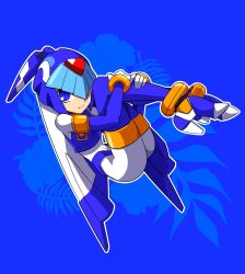 Rule 34 | 1girl, android, blue background, blue eyes, capcom, full body, gloves, helmet, high heels, highres, hugging own legs, legs together, fairy leviathan (mega man), omeehayo, mega man (series), mega man zero (series), simple background, smile, solo, thighhighs, white gloves