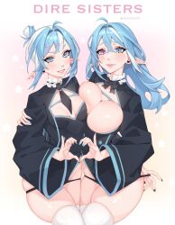 Rule 34 | 2girls, arm around shoulder, asymmetrical docking, black bow, black jacket, black leotard, black necktie, black panties, blue eyes, blue hair, bow, breast press, breasts, cleavage, commentary, copyright name, dire sisters, english commentary, heart, heart hands, heart hands duo, heterochromia, highres, ivonne (dire sisters), jacket, large breasts, leotard, metalkrot, multicolored hair, multiple girls, necktie, panties, panty pull, parted lips, pointy ears, purple eyes, renee (dire sisters), skindentation, small breasts, smile, star (symbol), streaked hair, thighhighs, twitter username, underwear, white hair, white thighhighs