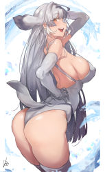 Rule 34 | 1girl, absurdres, arched back, arm up, ass, back, bare shoulders, bearded seal (kemono friends), breasts, clothing cutout, covered erect nipples, elbow gloves, from side, gloves, grey hair, hand on own hip, highres, iparupua, kemono friends, kneehighs, large breasts, leaning forward, long hair, looking at viewer, looking to the side, multicolored hair, one-piece swimsuit, open mouth, orange eyes, pillarboxed, shiny skin, sideboob, sidelocks, sideways glance, smile, socks, solo, strap gap, swimsuit, tail, tail through clothes, very long hair, water