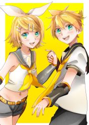 Rule 34 | 1boy, 1girl, :d, belt buckle, black shorts, black sleeves, blonde hair, blue eyes, blush, bow, brother and sister, buckle, collarbone, crop top, detached sleeves, grey sailor collar, groin, hair bow, highres, holding hands, kagamine len, kagamine rin, looking at viewer, midriff, multicolored eyes, nail polish, navel, neckerchief, nekosakana, open mouth, sailor collar, shirt, short hair, short shorts, short sleeves, shorts, siblings, sleeveless, sleeveless shirt, smile, stomach, swept bangs, two-tone background, vocaloid, white background, white bow, white shirt, yellow background, yellow eyes, yellow nails, yellow neckerchief