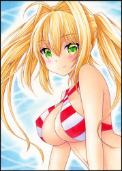 Rule 34 | 1girl, ahoge, bikini, blonde hair, blue background, blush, breasts, closed mouth, colored eyelashes, covered erect nipples, criss-cross halter, fate/grand order, fate (series), graphite (medium), green eyes, hair between eyes, hair intakes, halterneck, large breasts, long hair, looking at viewer, navel, nero claudius (fate), nero claudius (fate) (all), nero claudius (swimsuit caster) (fate), nightmare77zx, smile, solo, striped bikini, striped clothes, swimsuit, traditional media, twintails, upper body