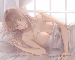 Rule 34 | 1girl, bad id, bad pixiv id, bare shoulders, blonde hair, blue eyes, blush, breasts, cleavage, closed mouth, collarbone, ear piercing, lexington (warship girls r), lips, long hair, looking at viewer, lying, medium breasts, on side, piercing, pillow, rifu (643763873), simple background, solo, warship girls r, window