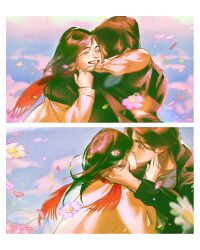 Rule 34 | 1boy, 1girl, arms around neck, black jacket, border, cardigan, closed eyes, cloud, cloudy sky, couple, eren yeager, facial scar, falling petals, flower, hair between eyes, hand on another&#039;s cheek, hand on another&#039;s face, hetero, highres, hug, jacket, kiss, lacampanule, long hair, medium hair, mikasa ackerman, outdoors, parted lips, petals, red scarf, scar, scar on cheek, scar on face, scarf, shingeki no kyojin, sky, smile, teeth, upper body, white border, white cardigan, white flower
