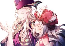 Rule 34 | 1boy, 1girl, bare shoulders, blonde hair, closed mouth, commentary request, closed eyes, fate/grand order, fate (series), hat, long hair, marie antoinette (fate), miya (izumi369), open mouth, silver hair, simple background, upper body, white background, wolfgang amadeus mozart (fate)