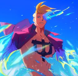 Rule 34 | 1boy, blonde hair, blue fire, blue sky, chest tattoo, commentary, doodlz1p, fire, highres, looking to the side, male focus, marco (one piece), one piece, open clothes, open shirt, purple shirt, shirt, short hair, sky, solo, symbol-only commentary, tattoo, upper body