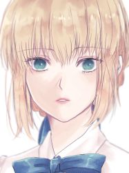 Rule 34 | 1girl, artoria pendragon (all), artoria pendragon (fate), blonde hair, blue ribbon, braid, fate/stay night, fate (series), french braid, green eyes, hair ribbon, highres, looking at viewer, parted lips, ribbon, roku (ntbr fate), saber (fate), shirt, solo, upper body, white background, white shirt