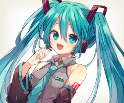 Rule 34 | 1girl, :d, blue eyes, blush, collared shirt, detached sleeves, hair ornament, hand up, hatsune miku, headphones, headset, highres, index finger raised, kaho 0102, long hair, looking to the side, nail polish, necktie, open mouth, shirt, sleeveless, sleeveless shirt, smile, solo, twintails, vocaloid