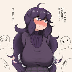 Rule 34 | 1girl, @ @, ahoge, alternate breast size, blush, breasts, creatures (company), dress, game freak, gen 7 pokemon, hair between eyes, hairband, hex maniac (pokemon), highres, iegami, large breasts, long hair, long sleeves, mimikyu, nintendo, npc trainer, open mouth, pokemon, pokemon (creature), pokemon xy, purple dress, purple eyes, purple hair, purple hairband, simple background, smile, solo, turtleneck, very long hair, white background