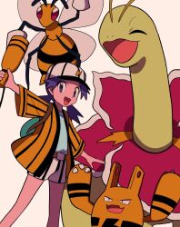 Rule 34 | 1girl, :d, beedrill, belt, belt buckle, brown belt, buckle, casey (pokemon), commentary request, creatures (company), elekid, eyelashes, game freak, gen 1 pokemon, gen 2 pokemon, hat, highres, holding, jacket, long hair, looking at viewer, meganium, nintendo, open clothes, open jacket, open mouth, outstretched arm, pokemon, pokemon (anime), pokemon (classic anime), pokemon (creature), purple eyes, purple hair, shirt, shorts, smile, striped clothes, striped shorts, twintails, tyako 089, vertical-striped clothes, vertical-striped shorts, white background, white headwear, white shorts