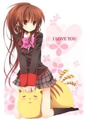 Rule 34 | 1girl, bad id, bad pixiv id, between legs, bow, brown hair, cat, cat between legs, doruji, english text, hinase haruka, little busters!, long hair, natsume rin, pink bow, plaid, plaid skirt, ponytail, red eyes, school uniform, skirt, solo, tail, tail wagging