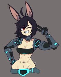 Rule 34 | 1girl, abs, absurdres, ahoge, animal ear fluff, belt, black hair, blue pupils, borrowed character, breasts, cleavage, collarbone, cowboy shot, cyborg, doce, female focus, grey background, grin, hand on own hip, highres, ika (suweeka), looking at viewer, mechanical arms, medium breasts, midriff, navel, one eye closed, original, rabbit ears, red eyes, simple background, smile, solo, v, wink
