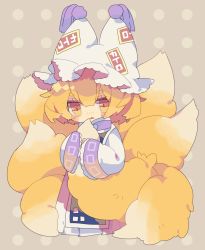 Rule 34 | 1girl, animal hat, blonde hair, blush stickers, chibi, commentary request, dress, fox tail, full body, hat, highres, holding own tail, long sleeves, mob cap, multiple tails, nikorashi-ka, polka dot, polka dot background, short hair, solo, standing, tabard, tail, touhou, white dress, white hat, wide sleeves, yakumo ran, yellow eyes