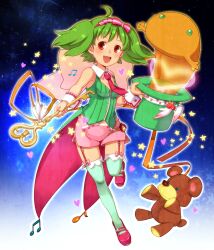Rule 34 | 1girl, ahoge, bare shoulders, blush, bow, breasts, brown hair, bug, fang, garter straps, green hair, green thighhighs, hairband, hat, heart, holding, holding key, insect, key, ladybug, macross, macross frontier, macross frontier: sayonara no tsubasa, magician, medium breasts, musical note, necktie, open mouth, pink bow, pink hairband, pink shorts, ranka lee, shio (orange lounge), shorts, skin fang, sleeveless, solo, star (symbol), stuffed animal, stuffed toy, teddy bear, thighhighs, top hat, wrist cuffs