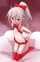 Rule 34 | 1girl, bikini, blush, bow, christmas, elena trafalgar, fingerless gloves, flat chest, frills, gift wrapping, gloves, hair bow, highres, ikune juugo, kneeling, long hair, looking at viewer, navel, open mouth, original, ponytail, red eyes, silver hair, solo, sweat, swimsuit, thighhighs, undressing
