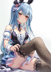 Rule 34 | 1girl, akami770, animal ears, bare shoulders, black necktie, black thighhighs, blue hair, breasts, cleavage, closed mouth, detached collar, detached sleeves, dot nose, dressing, fake animal ears, fingernails, fishnets, frilled skirt, frilled sleeves, frills, hair ornament, half-closed eyes, hat, highres, hololive, light blush, looking at viewer, mask, medium breasts, mini hat, necktie, simple background, sitting, skirt, solo, thick eyebrows, thighhighs, thighs, tilted headwear, usada pekora, virtual youtuber, wrist cuffs, yellow eyes