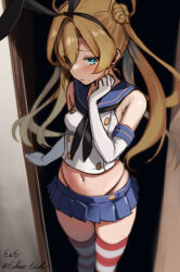 Rule 34 | 1girl, abukuma (kancolle), artist name, black hairband, black neckerchief, black panties, blonde hair, blue eyes, blue sailor collar, blue skirt, commentary request, cosplay, crop top, double bun, eckert&amp;eich, elbow gloves, feet out of frame, gloves, hair bun, hair rings, hairband, highleg, highleg panties, highres, kantai collection, long hair, looking at viewer, microskirt, neckerchief, one-hour drawing challenge, panties, sailor collar, shimakaze (kancolle), shimakaze (kancolle) (cosplay), shirt, skirt, sleeveless, sleeveless shirt, solo, standing, striped clothes, striped thighhighs, thighhighs, twitter username, underwear, white gloves