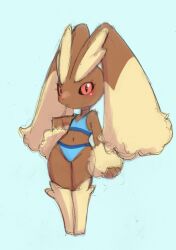 Rule 34 | 1girl, arm at side, barefoot, bikini, black sclera, blue background, blue bikini, blush, body fur, brown fur, closed mouth, clothed pokemon, colored sclera, creatures (company), female focus, full body, furry, furry female, game freak, gen 4 pokemon, groin, hand on own hip, legs, legs together, looking at viewer, lopunny, navel, nintendo, pokemon, pokemon (creature), rabbit ears, rabbit girl, rabbit tail, red eyes, simple background, sketch, solo, standing, stomach, swimsuit, thighs, two-tone fur, uno usaya, yellow fur