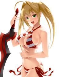 Rule 34 | 1girl, :d, aestus estus, bikini, blonde hair, blush, breasts, collarbone, cowboy shot, criss-cross halter, fate/grand order, fate (series), from side, green eyes, hair intakes, halterneck, hammerman benkei, holding, holding sword, holding weapon, large breasts, long hair, looking at viewer, nero claudius (fate), nero claudius (fate) (all), nero claudius (swimsuit caster) (fate), open mouth, red bikini, sidelocks, simple background, smile, solo, striped bikini, striped clothes, swimsuit, sword, twintails, underboob, weapon, white background