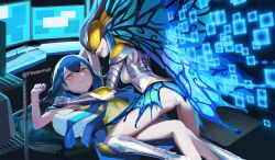 absurdres arthropod_girl butterfly_wings coat coat_on_shoulders digimon digimon_(creature) digimon_story:_cyber_sleuth digimon_story:_cyber_sleuth_hacker&#039;s_memory highres hudiemon insect_wings long_hair mask mishima_erika monster_girl twintails very_long_hair wings