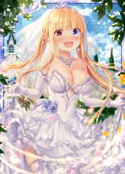 Rule 34 | 1girl, blonde hair, blue eyes, blush, bracelet, breasts, bride, cleavage, clothes lift, crossover, dress, earrings, elbow gloves, eurika (falkyrie no monshou), falkyrie no monshou, fang, gloves, heterochromia, jewelry, large breasts, lifting own clothes, long hair, looking at viewer, natsumekinoko, necklace, official art, open mouth, red eyes, shinkai no valkyrie, skirt, skirt lift, smile, solo, thighhighs, wedding, wedding dress, white gloves, white thighhighs
