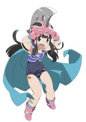 Rule 34 | 1girl, aqua cape, aqua socks, armpits, arms up, bandaid, bandaid on knee, bandaid on leg, black eyes, black hair, blush, breasts, cape, chi-chi (dragon ball), child, collarbone, covered navel, dragon ball, dragon ball (classic), full body, gloves, grey background, hat, helmet, highres, long hair, looking at viewer, open mouth, pink footwear, pink gloves, pink hat, simple background, small breasts, socks, solo, swimsuit, swimsuit under clothes, watanabe akio, white background