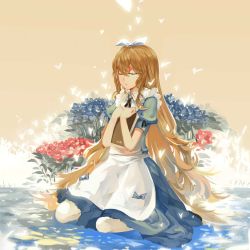 Rule 34 | 1girl, absurdres, alice (alice in wonderland), alice in wonderland, book, bow, brown hair, dress, closed eyes, highres, holding, holding book, long hair, looking at viewer, petals, saberiii, sitting, solo, very long hair, water