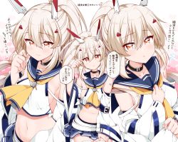 Rule 34 | 1girl, arato asato, ascot, ayanami (azur lane), azur lane, bandaid, bandaid on arm, bare shoulders, belt, blonde hair, blue sailor collar, blue skirt, collar, collarbone, commentary request, crop top, detached sleeves, hair between eyes, hair ornament, hairclip, headgear, high ponytail, highres, long hair, looking at viewer, midriff, multiple views, navel, orange eyes, pleated skirt, ponytail, sailor collar, shirt, skirt, sleeveless, sleeveless shirt, smile, translation request, wide sleeves, yellow ascot